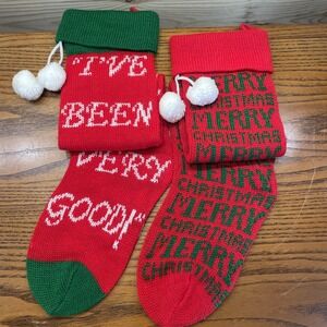 Vintage Knitted Christmas Stockings Pom Poms 1960- 80's Multi Colored 25"X 5"